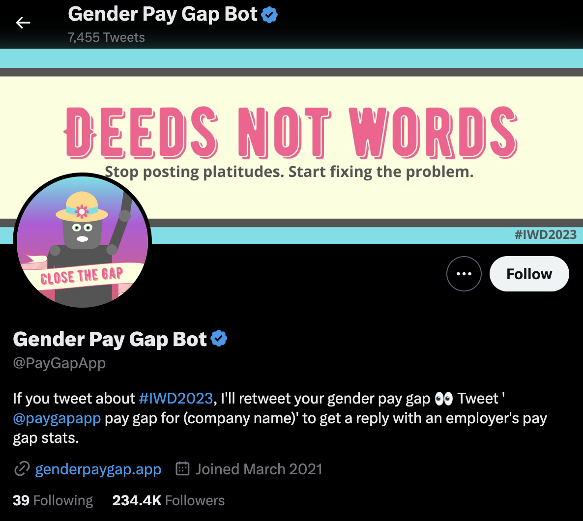 A screenshot of the Gender Pay Gap Bot Twitter profile.